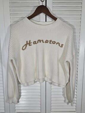Sincerely Jules Embroidered Hamptons Cream Knit Oversized Cropped Sweater M